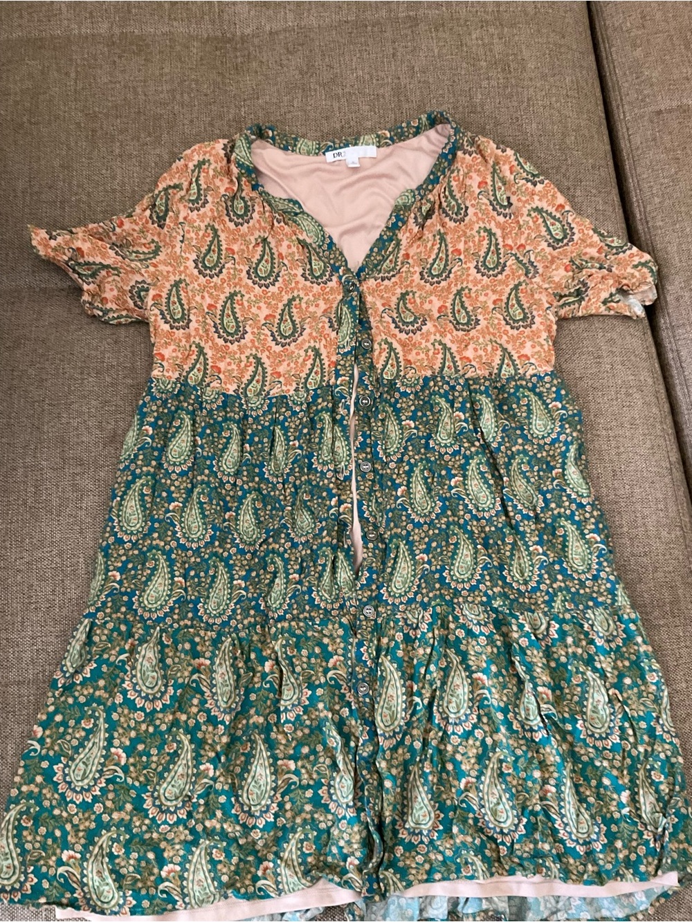 DR2 Teal and Peach Paisley Tiered Dress